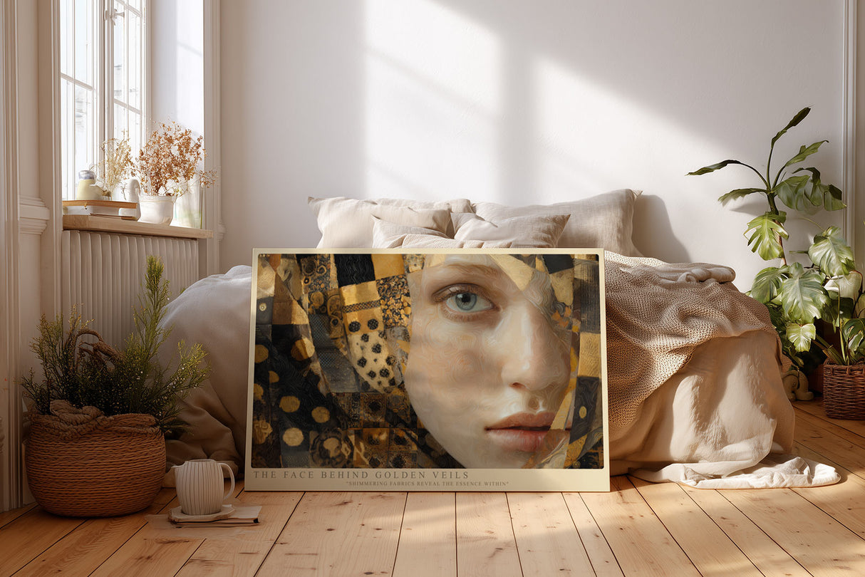 Paul Sinus Wandbild The Face Behind Golden Veils Portrait in Shades of Gold and Mystery
