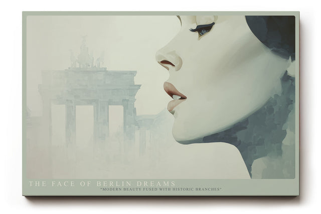 Paul Sinus Wandbild The Face of Berlin Dreams – Stilvolles Porträt einer Frau mit dem Brandenburger Tor im Hintergrund, Symbol für Moderne und Geschichte im Einklang