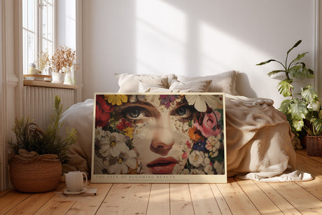 Paul Sinus Wandbild The Face of Blooming Beauty – Ausdrucksstarkes Porträt einer Frau, deren Gesicht von Blumen umrahmt wird, Symbol für Leben und Schönheit