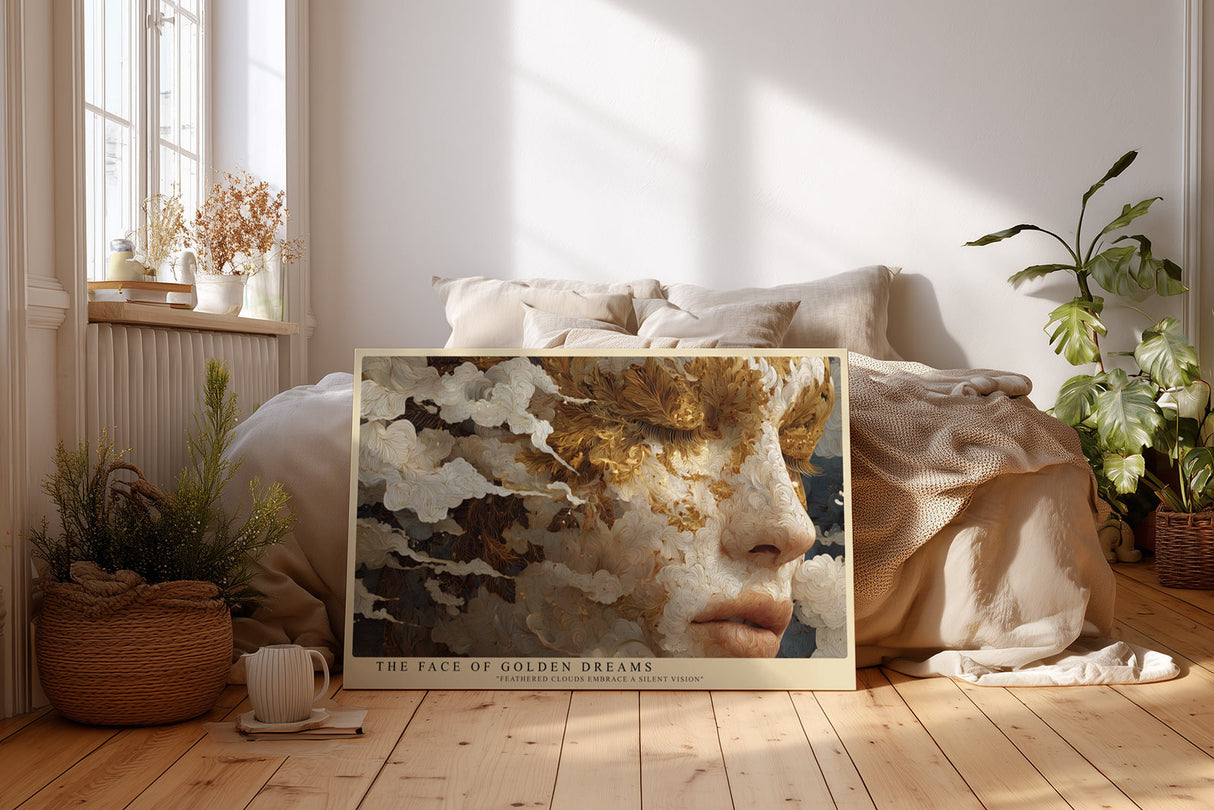 Paul Sinus Wandbild The Face of Golden Dreams abstraktes Porträt mit goldenen Wolken auf Leinwand