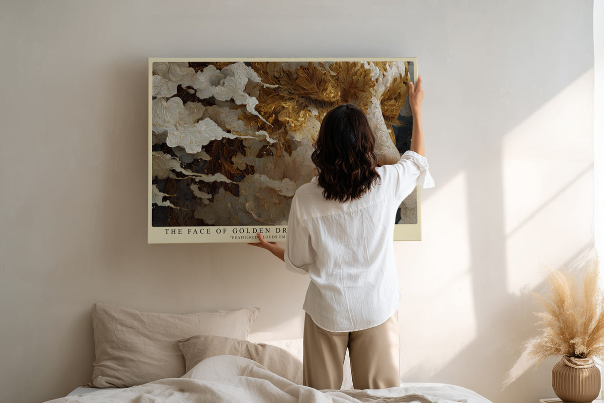 Paul Sinus Wandbild The Face of Golden Dreams abstraktes Porträt mit goldenen Wolken auf Leinwand