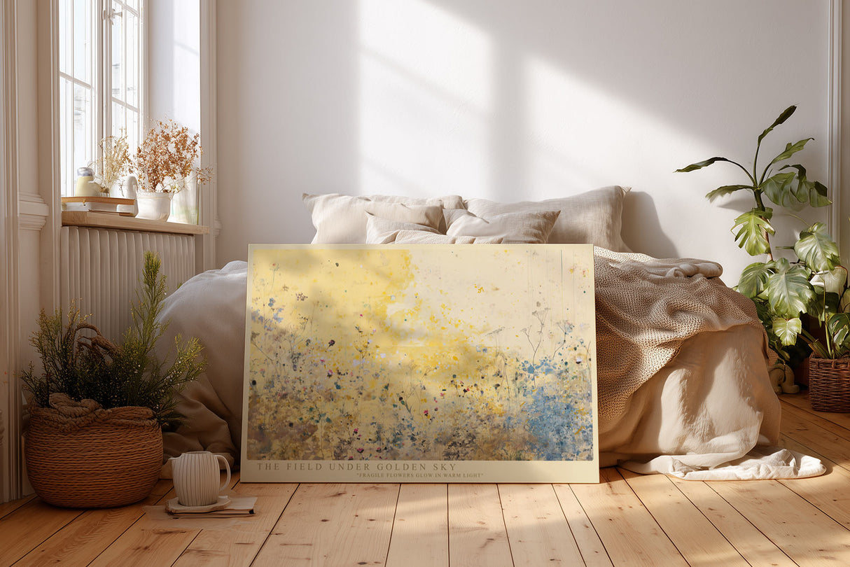 Paul Sinus Wandbild The Field under Golden Sky abstraktes Naturmotiv mit goldgelbem Himmel und zarten Blumen