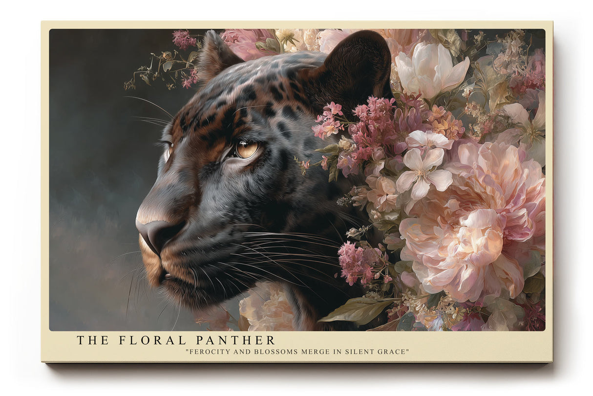 Paul Sinus Wandbild The Floral Panther – schwarzer Panther inmitten von Blüten symbolisiert Kraft, Anmut und die stille Verbindung von Wildheit und Schönheit