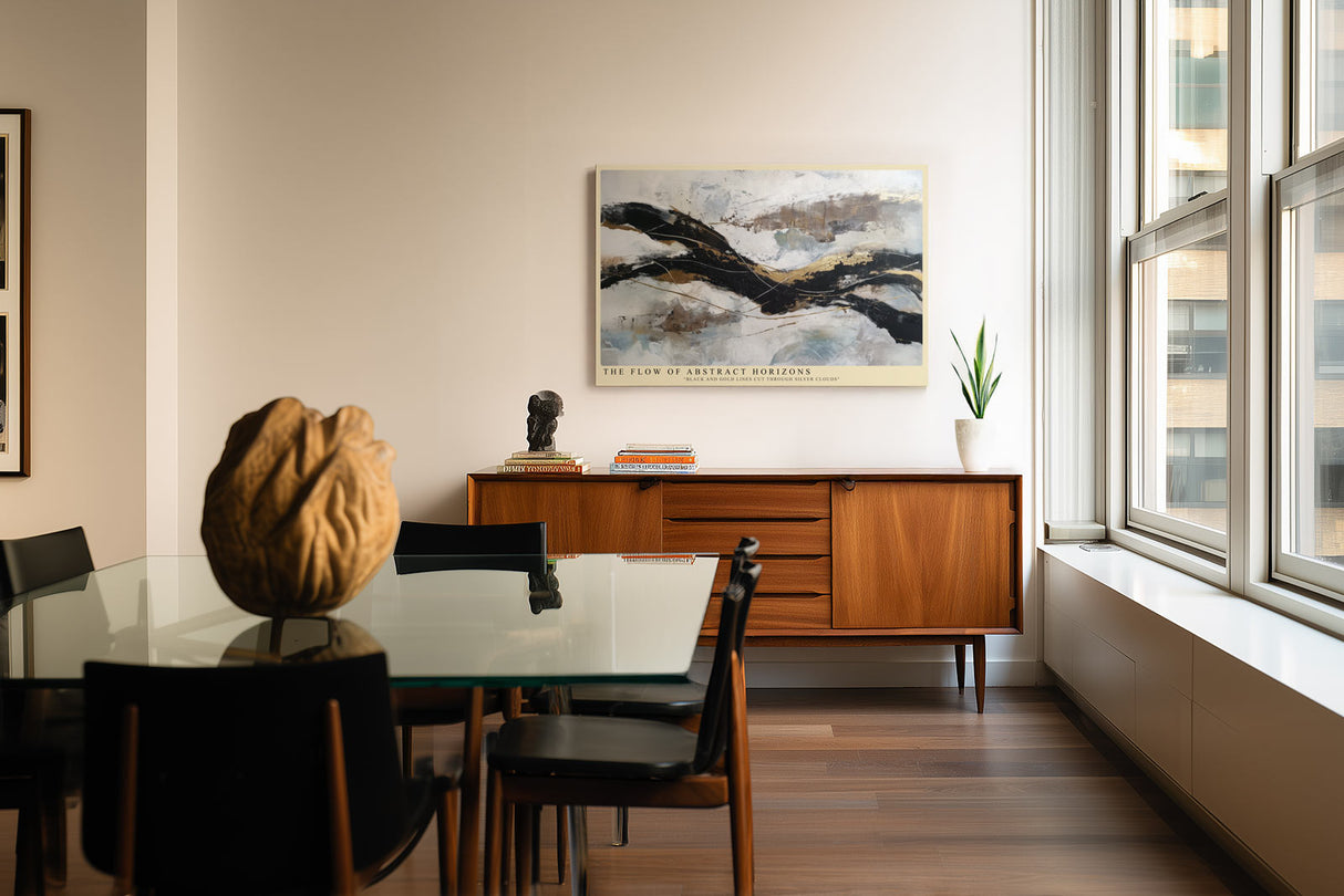 Paul Sinus Wandbild The Flow of Abstract Horizons Black and Gold Lines Through Silver Clouds