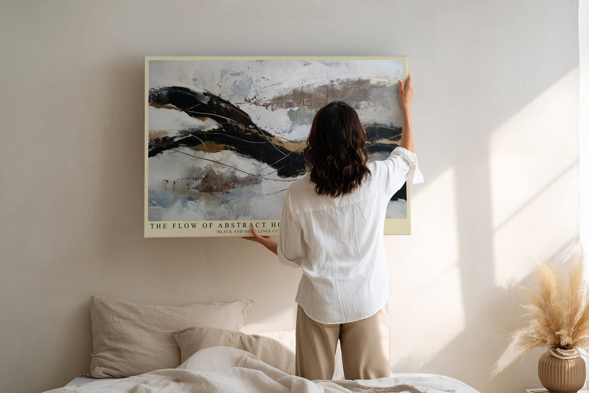 Paul Sinus Wandbild The Flow of Abstract Horizons Black and Gold Lines Through Silver Clouds
