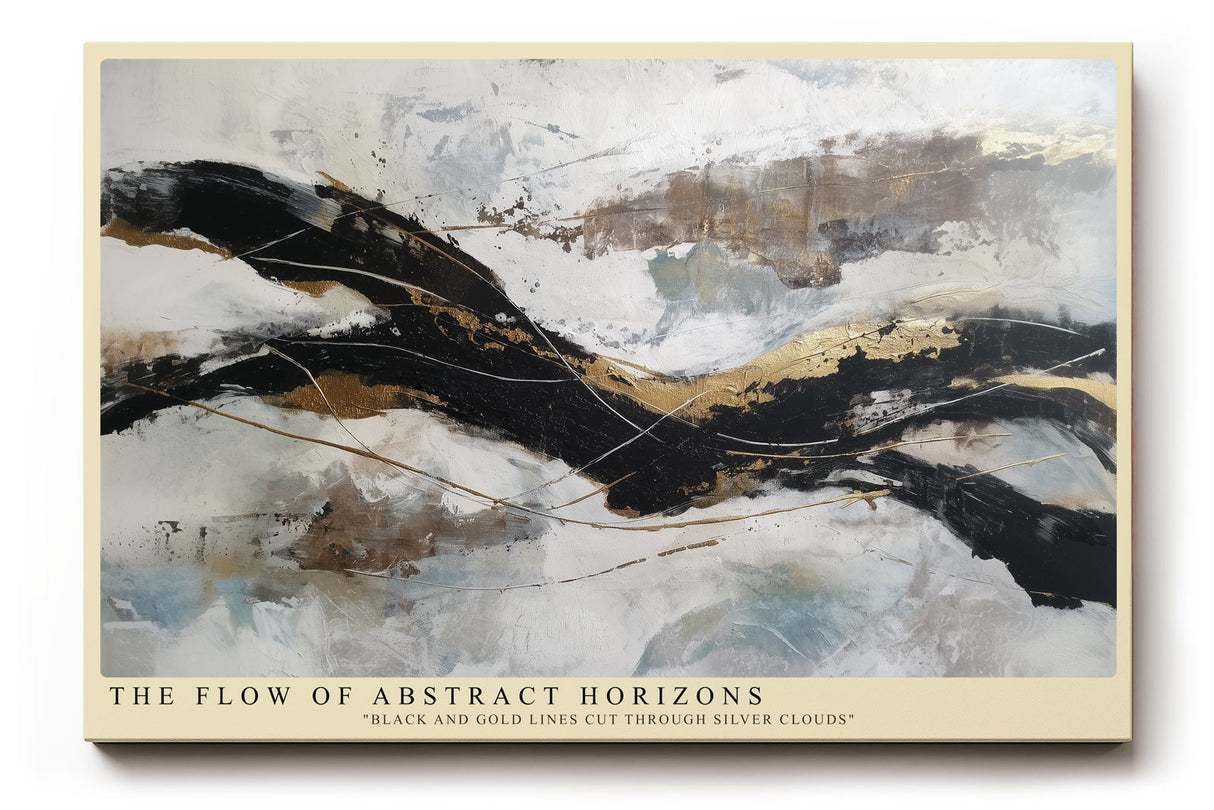 Paul Sinus Wandbild The Flow of Abstract Horizons Black and Gold Lines Through Silver Clouds