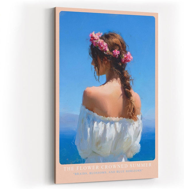 Paul Sinus Wandbild in 40x60cm The Flower Crowned Summer Romantic Woman with Floral Hair Wreath by the Sea in Sunlit Colors