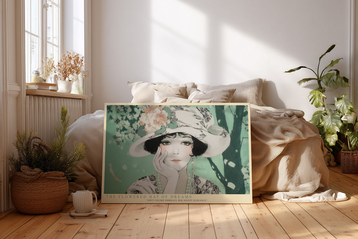 Paul Sinus Wandbild The Flowered Hat of Dreams nostalgisches Porträt einer Frau mit floralem Hut in sanften Pastelltönen