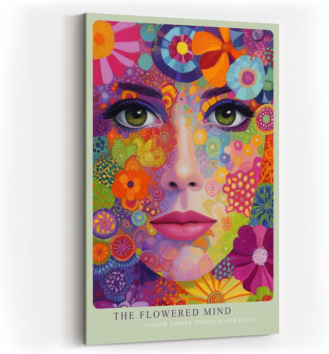 Paul Sinus Wandbild in 40x60cm The Flowered Mind Farbenprächtiges Frauenporträt mit floralen Mustern und verspielter Farbvielfalt für kreative Raumakzente
