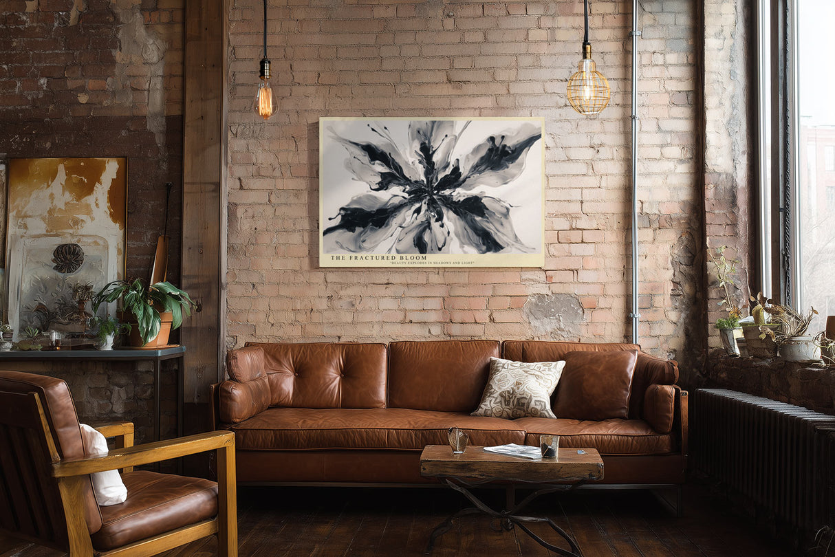 Paul Sinus Wandbild The Fractured Bloom – Abstrakte Blütenexplosion in Schwarz-Weiß, modernes Kunstwerk mit dynamischer Energie und Ausdruckskraft