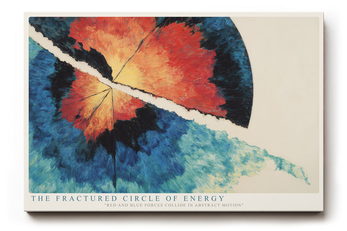 Paul Sinus Wandbild The Fractured Circle of Energy – Abstraktes Farbspiel aus Blau- und Rottönen in dynamischer Kreisform, modernes Energiekunstwerk
