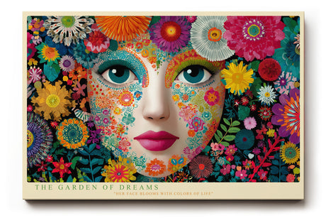 Paul Sinus Wandbild The Garden of Dreams – Farbintensives Porträt mit floralen Mustern, Symbol für Fantasie, Lebensfreude und kreative Schönheit