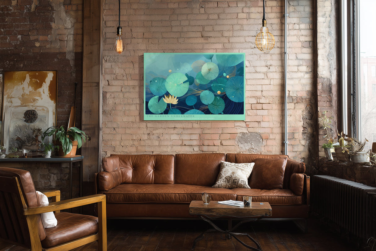 Paul Sinus Wandbild The Garden Underwater Abstraktes Naturmotiv mit Lotusblüte und schwebenden Blättern in einem Meer aus Blau- und Grüntönen.