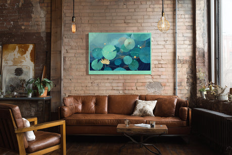 Paul Sinus Wandbild The Garden Underwater Abstraktes Naturmotiv mit Lotusblüte und schwebenden Blättern in einem Meer aus Blau- und Grüntönen.
