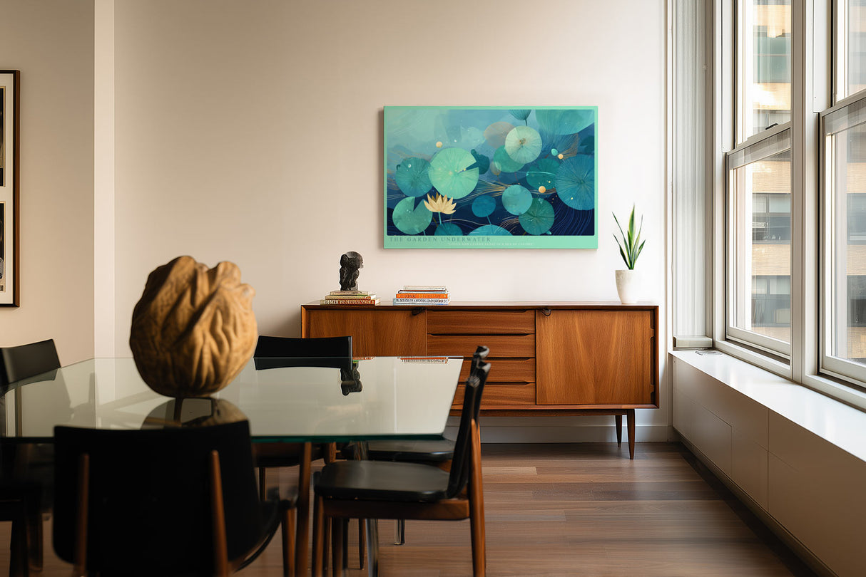 Paul Sinus Wandbild The Garden Underwater Abstraktes Naturmotiv mit Lotusblüte und schwebenden Blättern in einem Meer aus Blau- und Grüntönen.