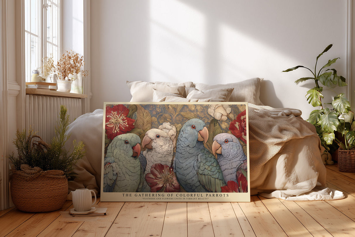 Paul Sinus Wandbild The Gathering of Colorful Parrots farbenprächtiges Vogelmotiv mit exotischen Papageien und floralen Elementen