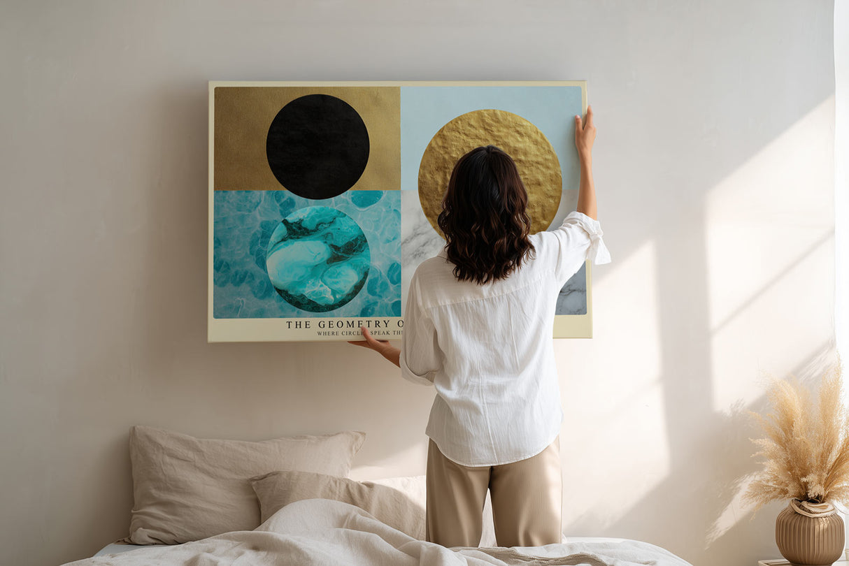 Paul Sinus Wandbild The Geometry of Still Motion Abstract Balance of Shapes in Gold and Blue Harmony