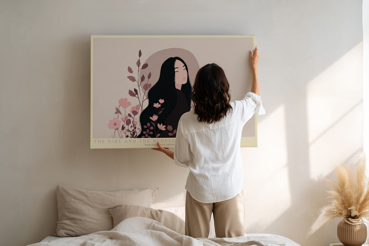 Paul Sinus Wandbild The Girl and the Blossoms stilvolles Porträt einer Frau mit floraler Umgebung in sanften Farben für moderne Räume mit natürlicher Eleganz