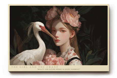 Paul Sinus Wandbild The Girl and the Crane – Poetisches Porträt von Mädchen und Kranich in zarter Harmonie