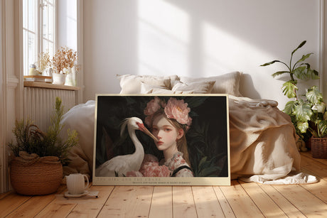 Paul Sinus Wandbild The Girl and the Crane – Poetisches Porträt von Mädchen und Kranich in zarter Harmonie