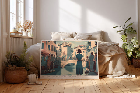Paul Sinus Wandbild The Girl by the Canal Bridge – Malerische Stadtszene mit Frau in Blau an einer Brücke, atmosphärisches Motiv zwischen Licht und Wasser