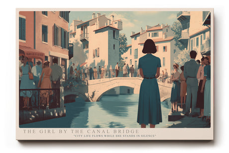 Paul Sinus Wandbild The Girl by the Canal Bridge – Malerische Stadtszene mit Frau in Blau an einer Brücke, atmosphärisches Motiv zwischen Licht und Wasser