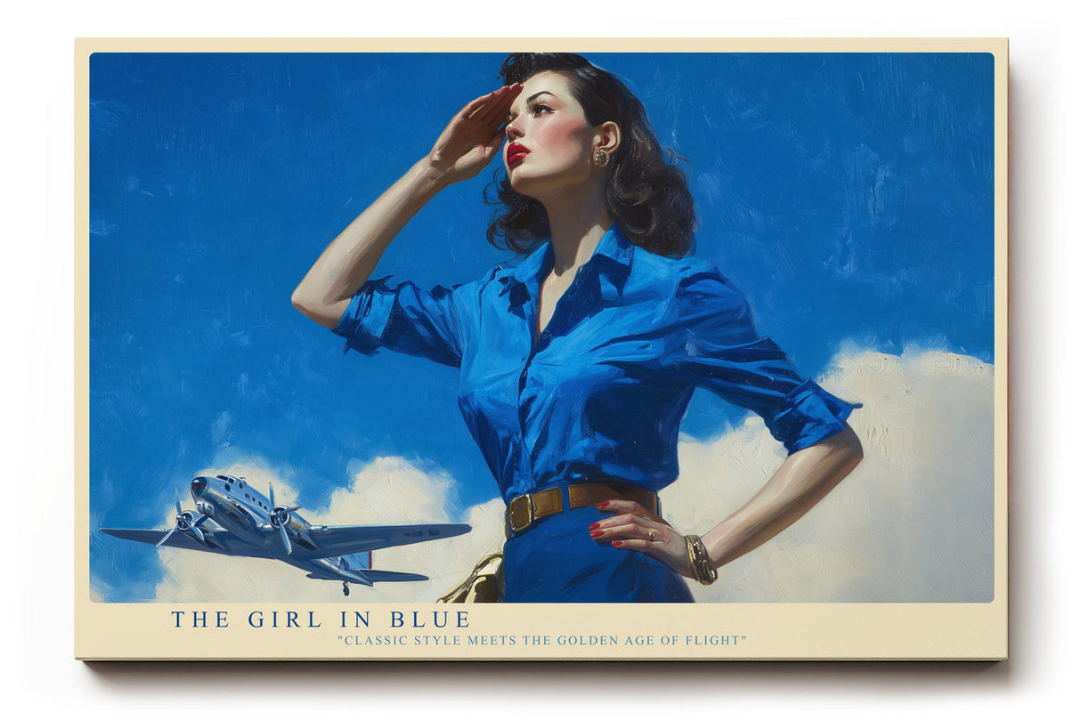Paul Sinus Wandbild The Girl in Blue Stilvolles Retro-Motiv einer Frau in blauem Hemd mit Flugzeug im Hintergrund – Hommage an die goldene Ära der Luftfahrt.