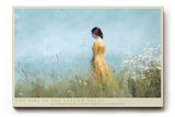 Paul Sinus Wandbild The Girl in the Yellow Dress Poetisches Gemälde einer Frau in gelbem Kleid inmitten von Sommerblumen unter klarem Himmel.