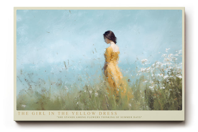 Paul Sinus Wandbild The Girl in the Yellow Dress Poetisches Gemälde einer Frau in gelbem Kleid inmitten von Sommerblumen unter klarem Himmel.