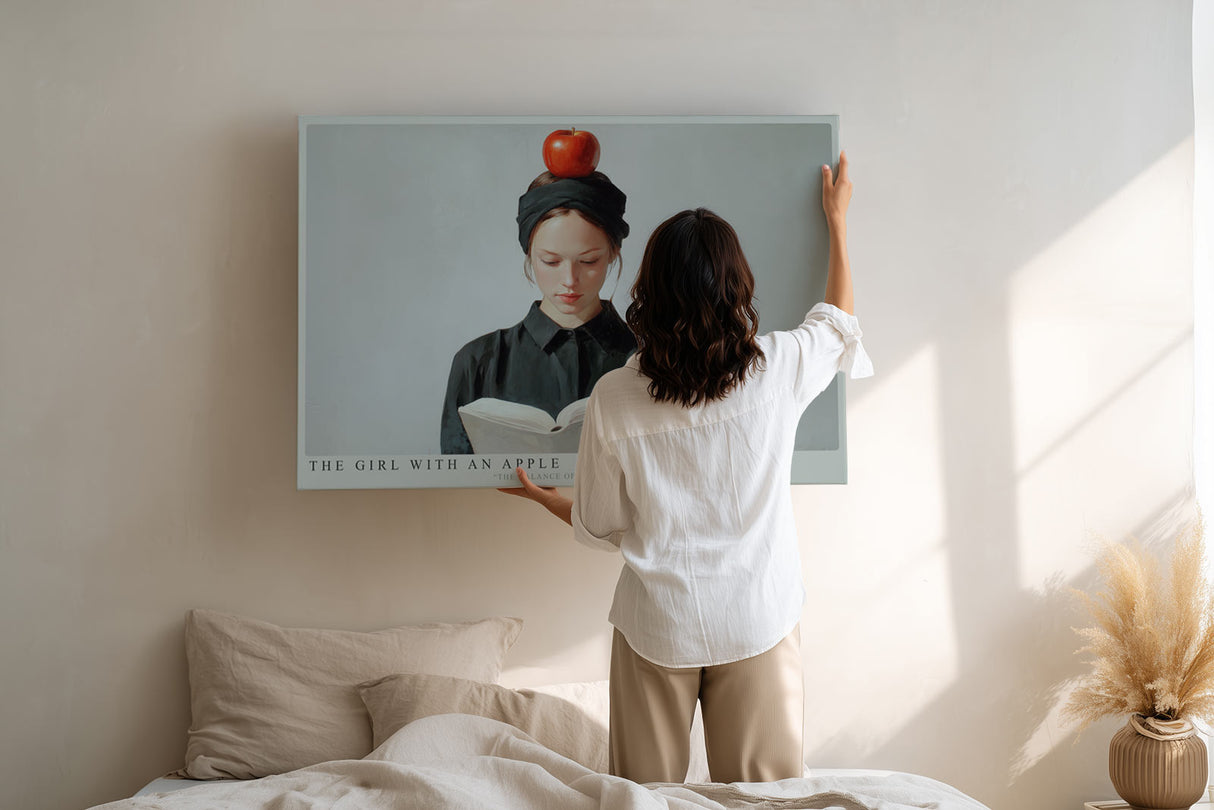 Paul Sinus Wandbild The Girl with an Apple – Poetisches Porträt eines Mädchens mit Apfel auf dem Kopf, Symbol für Balance, Wissen und stille Konzentration