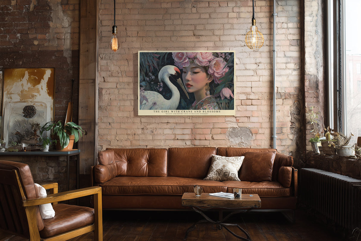 Paul Sinus Wandbild The Girl with Crane and Blossoms poetisches Porträtmotiv mit Kranich und floralen Elementen