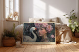 Paul Sinus Wandbild The Girl with Crane and Blossoms poetisches Porträtmotiv mit Kranich und floralen Elementen