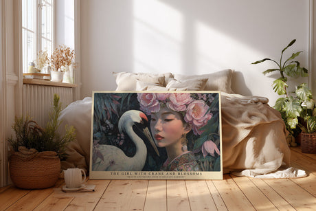 Paul Sinus Wandbild The Girl with Crane and Blossoms poetisches Porträtmotiv mit Kranich und floralen Elementen
