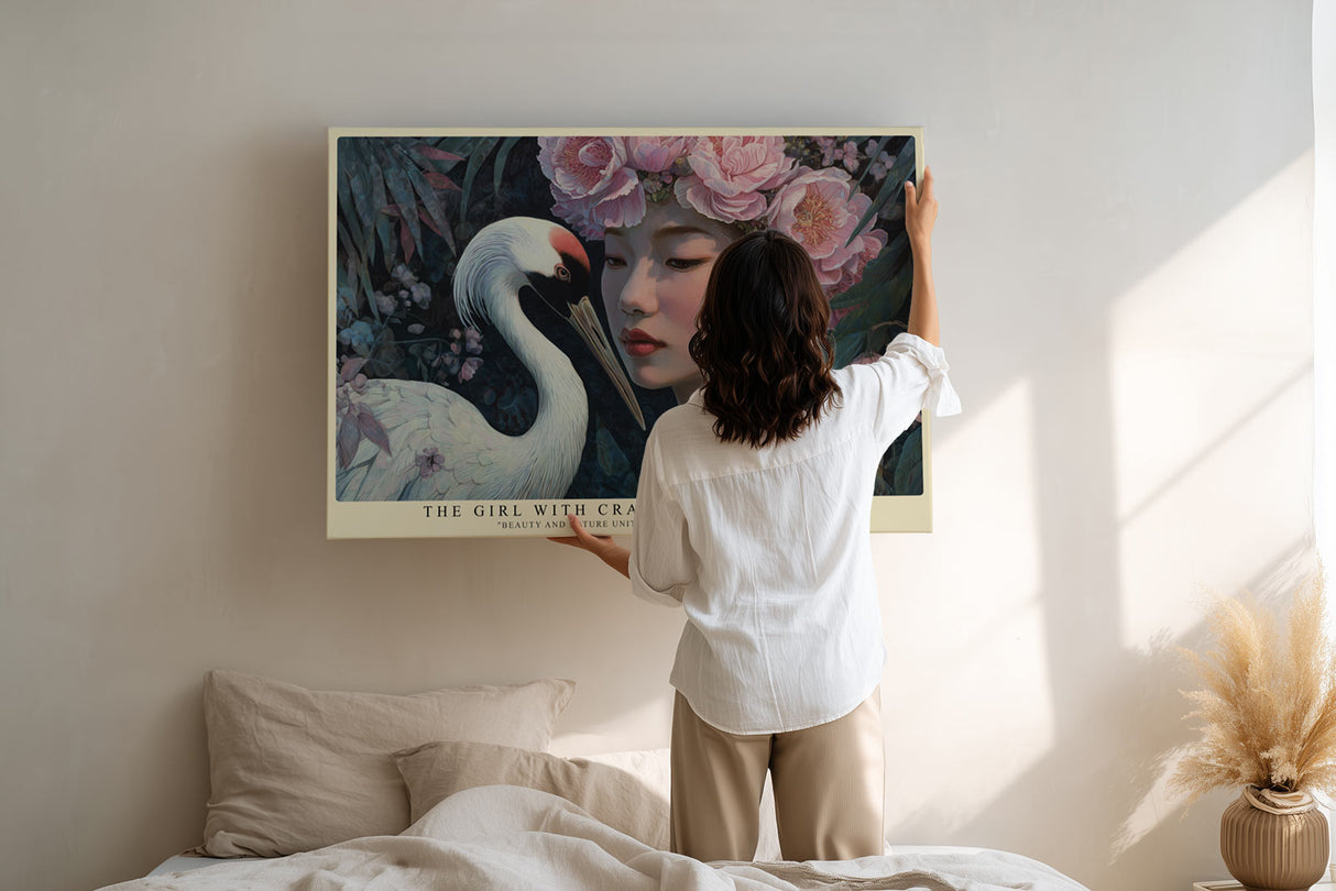 Paul Sinus Wandbild The Girl with Crane and Blossoms poetisches Porträtmotiv mit Kranich und floralen Elementen