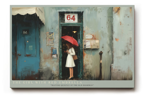Paul Sinus Wandbild The Girl with Red Umbrella – Poetische Stadtszene mit nostalgischem Flair – Kunstvolles Wandbild voller Romantik und Atmosphäre.