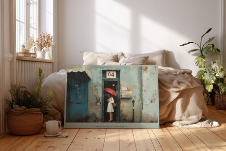 Paul Sinus Wandbild The Girl with Red Umbrella – Poetische Stadtszene mit nostalgischem Flair – Kunstvolles Wandbild voller Romantik und Atmosphäre.