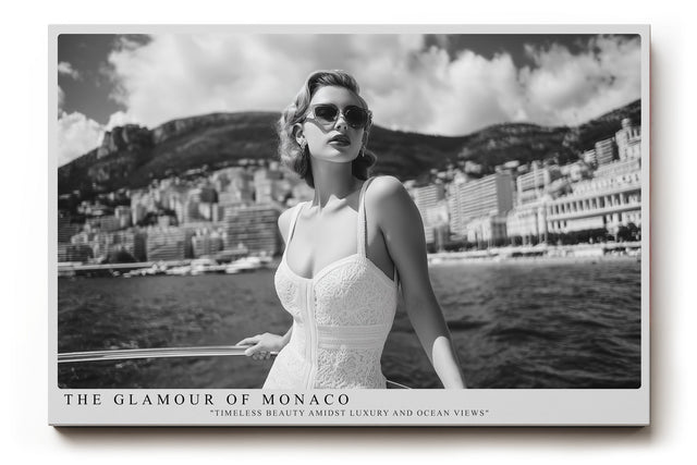 Paul Sinus Wandbild The Glamour of Monaco Klassisches Schwarz-Weiß-Motiv einer eleganten Frau auf einem Boot vor der Kulisse von Monaco.