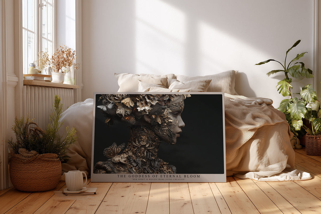 Paul Sinus Wandbild The Goddess of Eternal Bloom – Mystisches Porträt einer Göttin aus floralen und metallischen Strukturen, Symbol für Leben und Transformation