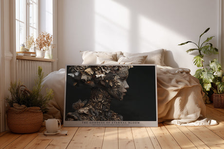 Paul Sinus Wandbild The Goddess of Eternal Bloom – Mystisches Porträt einer Göttin aus floralen und metallischen Strukturen, Symbol für Leben und Transformation