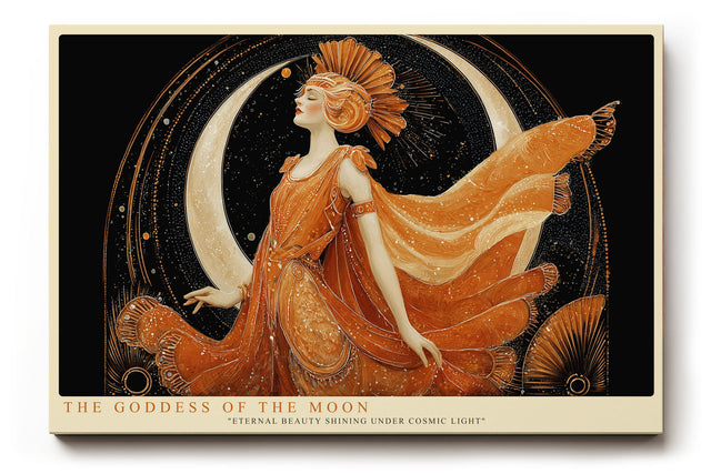 Paul Sinus Wandbild The Goddess of the Moon Kunstvolles Porträt einer mythischen Frauengestalt in Gold und Bronze, umgeben von Mondsicheln und kosmischem Glanz.