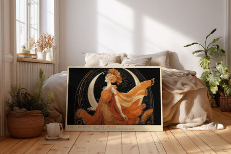 Paul Sinus Wandbild The Goddess of the Moon Kunstvolles Porträt einer mythischen Frauengestalt in Gold und Bronze, umgeben von Mondsicheln und kosmischem Glanz.