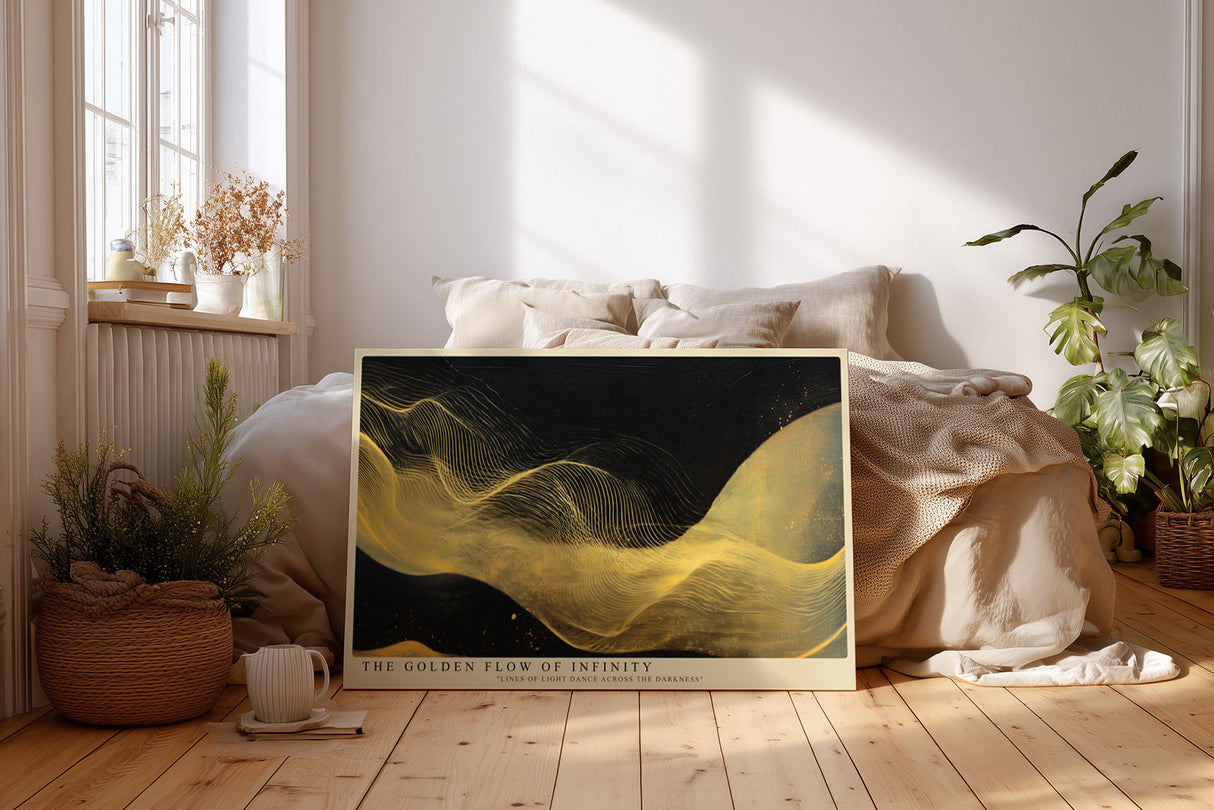 Paul Sinus Wandbild The Golden Flow of Infinity abstraktes Motiv mit goldenen Linien auf dunklem Hintergrund