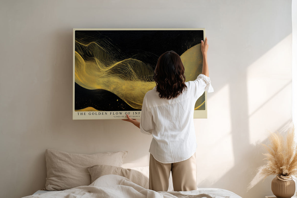 Paul Sinus Wandbild The Golden Flow of Infinity abstraktes Motiv mit goldenen Linien auf dunklem Hintergrund