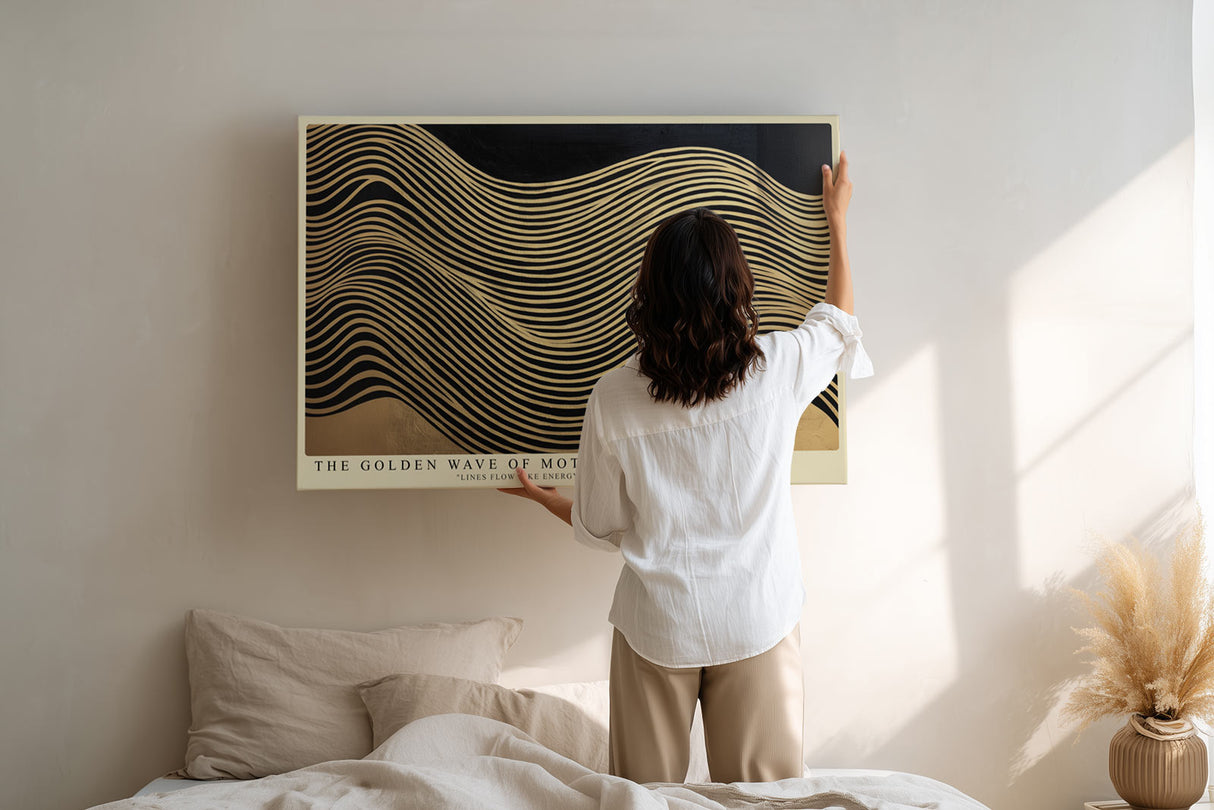 Paul Sinus Wandbild The Golden Wave of Motion abstraktes Linienmotiv mit goldenen Wellen auf dunklem Hintergrund