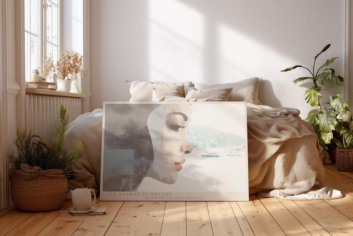 Paul Sinus Wandbild The Harbor of Dreams – verträumtes Porträt einer Frau mit maritimer Kulisse in sanften Farbtönen