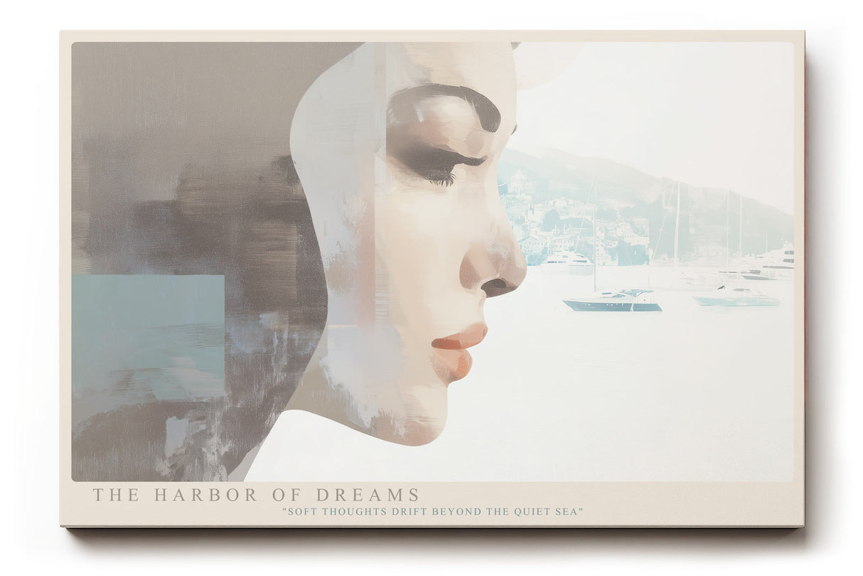 Paul Sinus Wandbild The Harbor of Dreams – verträumtes Porträt einer Frau mit maritimer Kulisse in sanften Farbtönen
