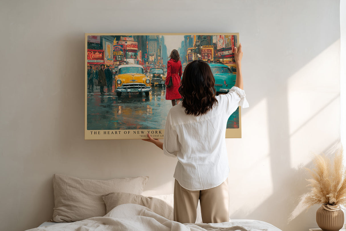 Paul Sinus Wandbild The Heart of New York – Stilvolles Stadtmotiv mit Frau im roten Mantel, Symbol für Energie, Stil und urbane Freiheit