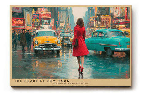 Paul Sinus Wandbild The Heart of New York – Stilvolles Stadtmotiv mit Frau im roten Mantel, Symbol für Energie, Stil und urbane Freiheit
