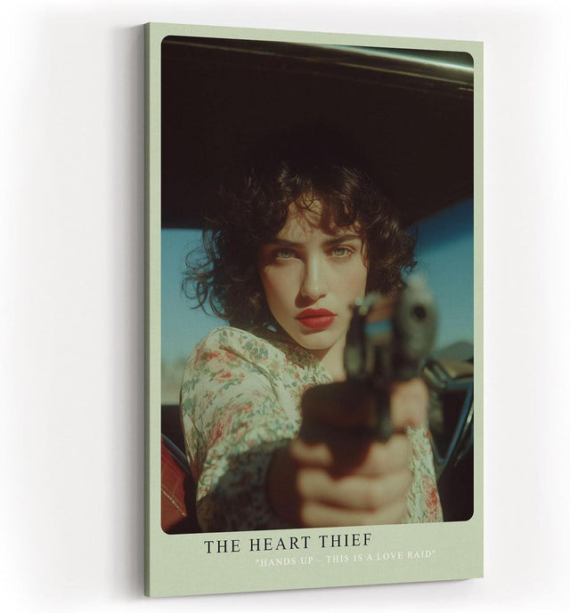 Paul Sinus Wandbild in 40x60cm The Heart Thief Porträt einer Frau mit entschlossenem Blick, die eine Pistole direkt auf den Betrachter richtet