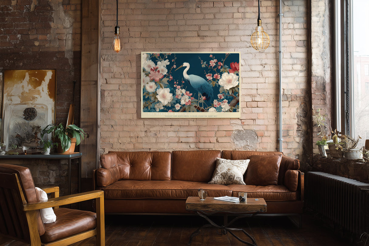 Paul Sinus Wandbild The Heron in Bloom Eleganter Reiher inmitten blühender Kirschzweige vor tiefblauem Hintergrund – Symbol für Ruhe und Anmut.